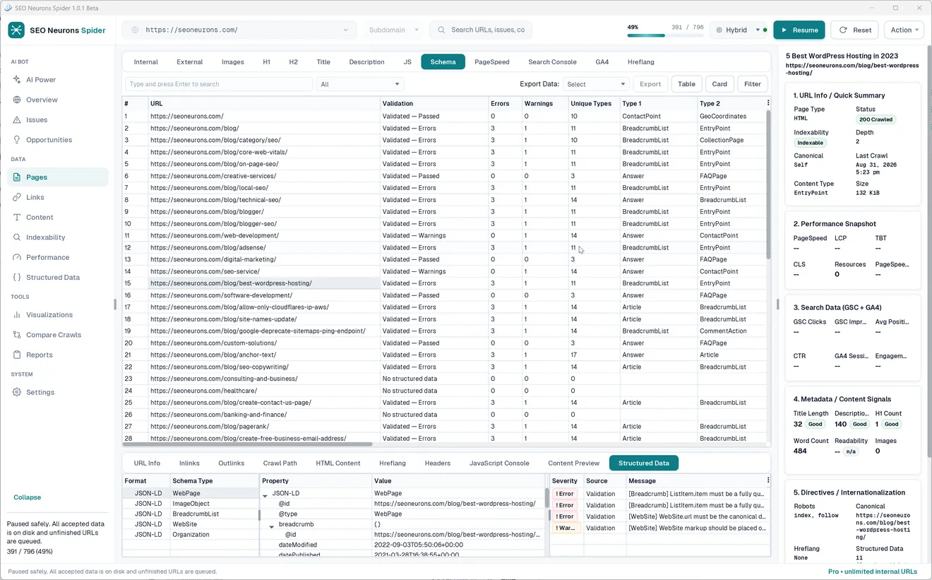 Structured data inspection in SEO Neurons Spider, showing schema validation, JSON-LD types, properties, errors, and warnings.