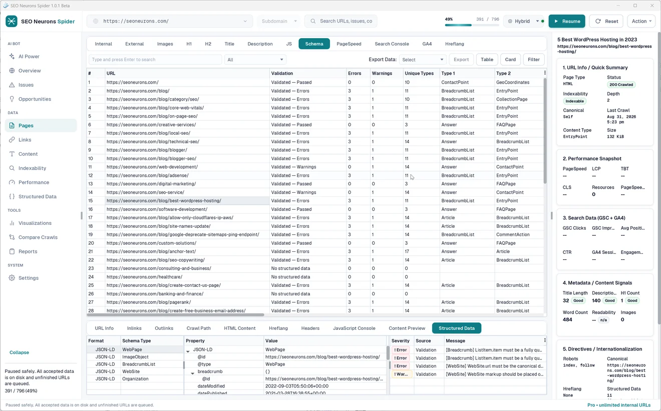Structured data inspection in SEO Neurons Spider, showing schema validation, JSON-LD types, properties, errors, and warnings.