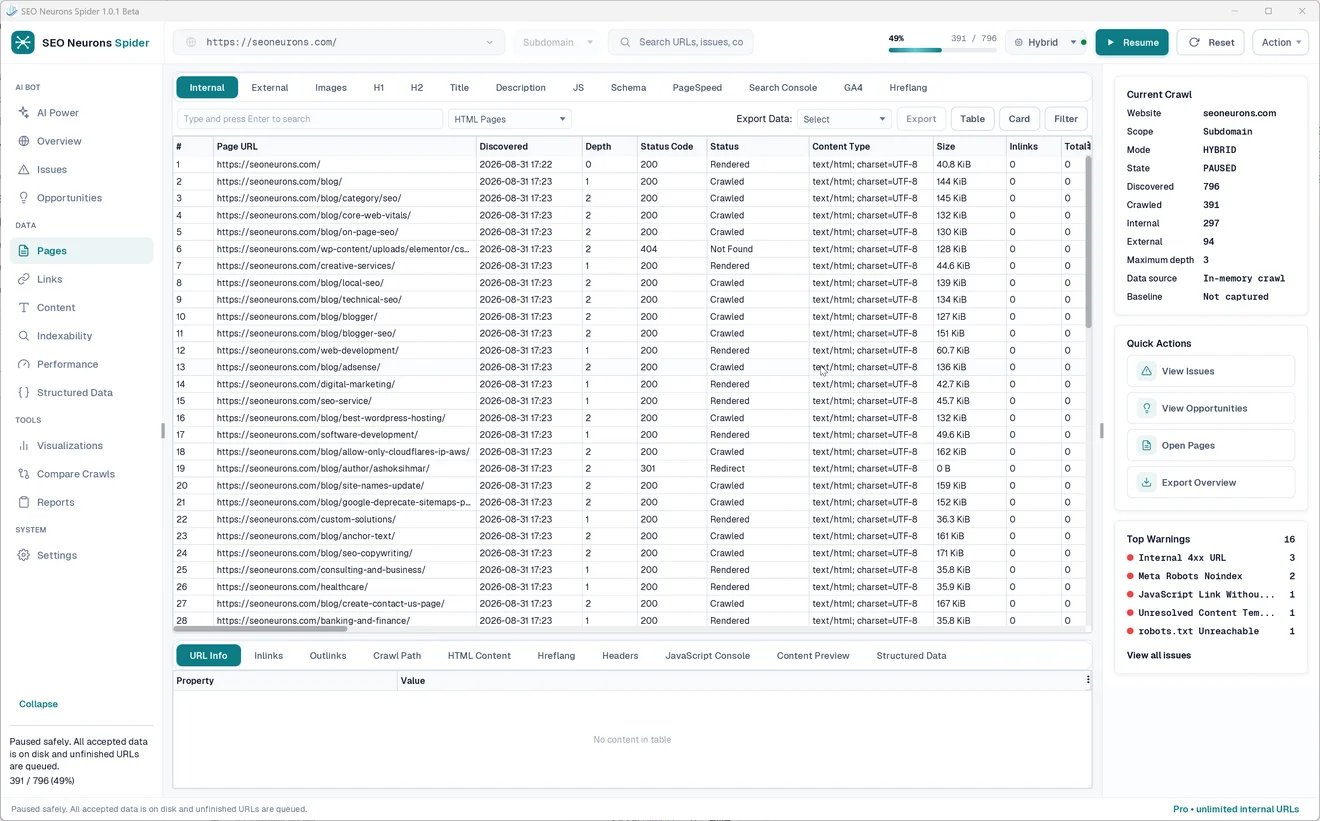 Internal URL inspection in SEO Neurons Spider, with crawl depth, response codes, content types, and page detail tabs.