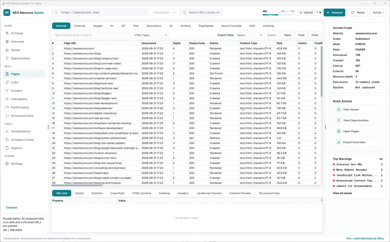 Internal URL inspection in SEO Neurons Spider, with crawl depth, response codes, content types, and page detail tabs.