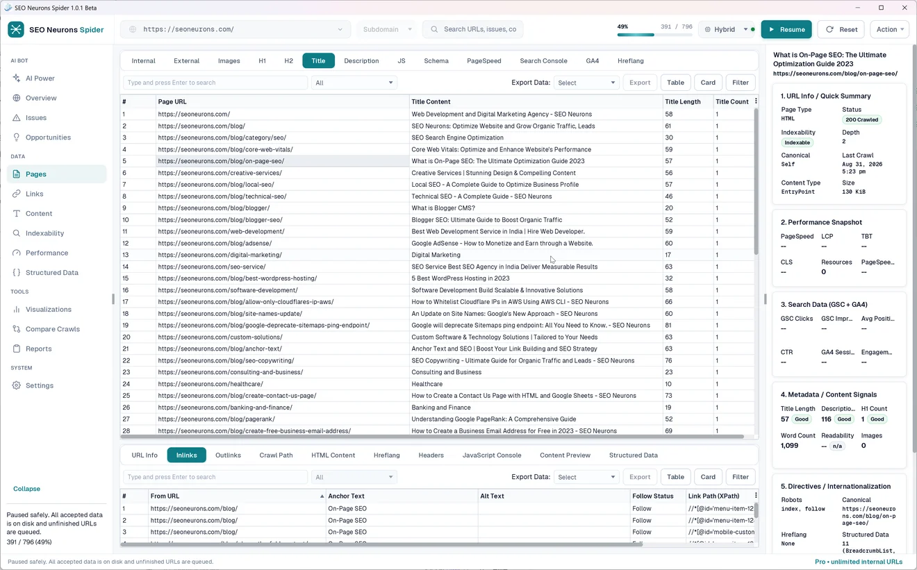 SEO Neurons Spider page titles table with title text, length, page information, and inlinks for a selected URL.
