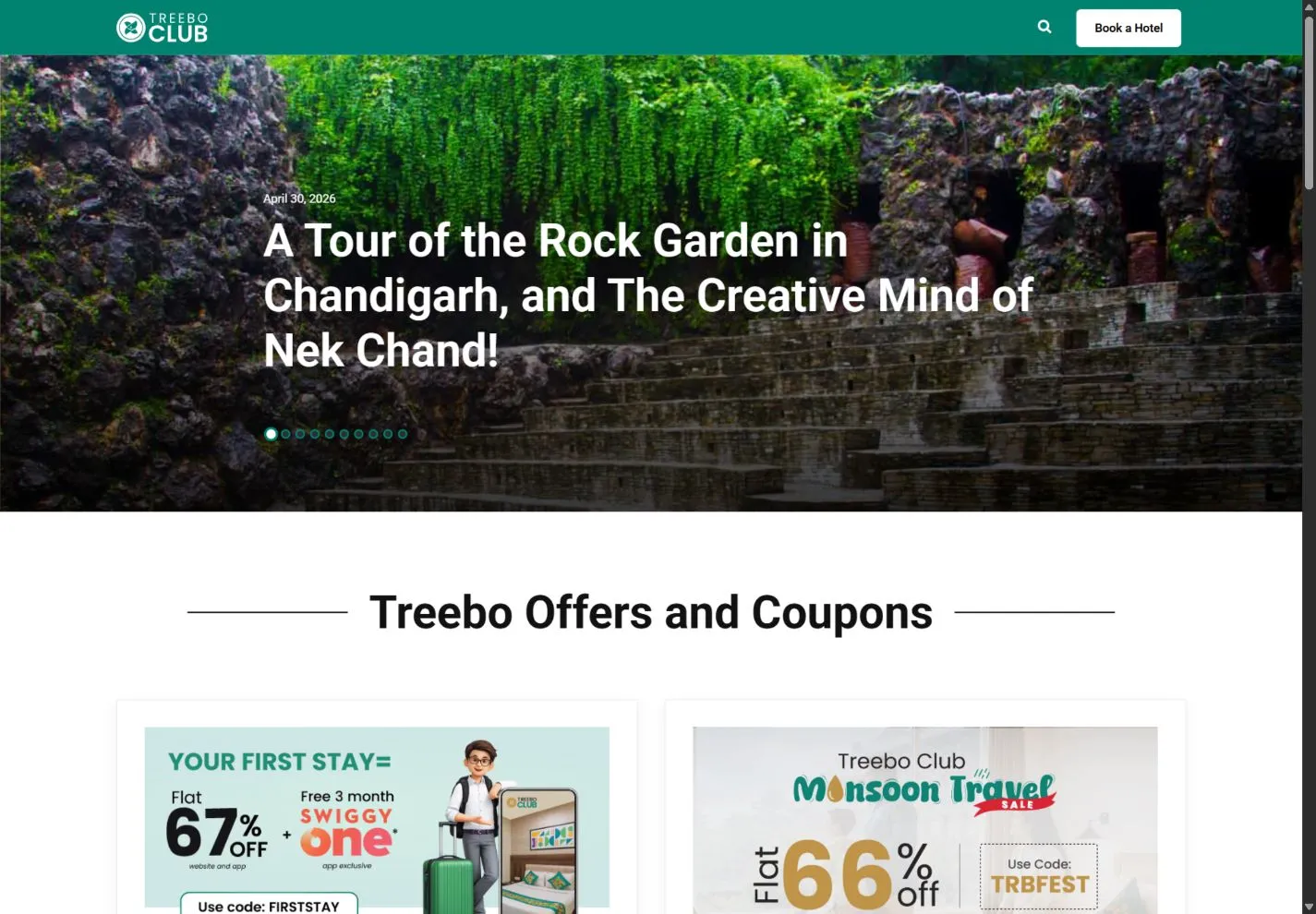 Website preview of the Treebo travel blog