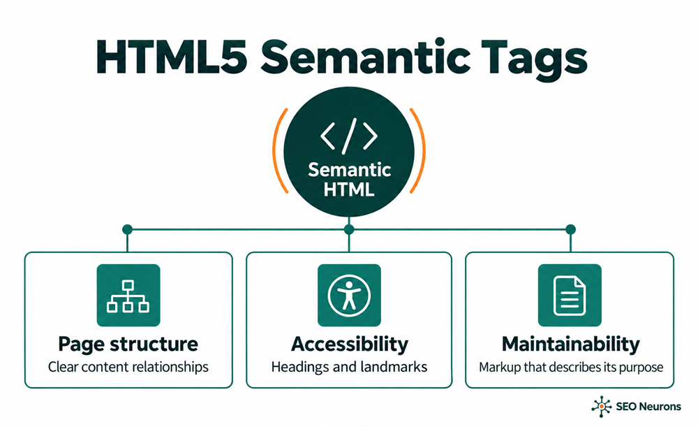 Semantic HTML supports meaningful page structure, accessible navigation, and maintainable code.