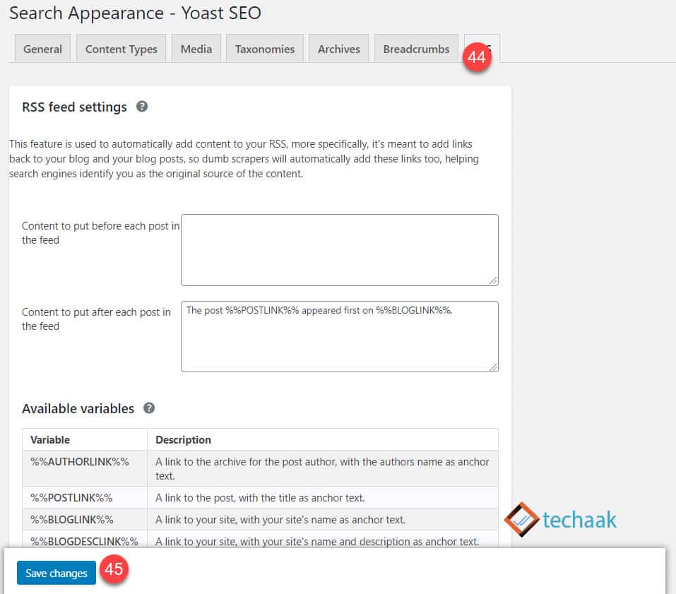 RSS feed settings