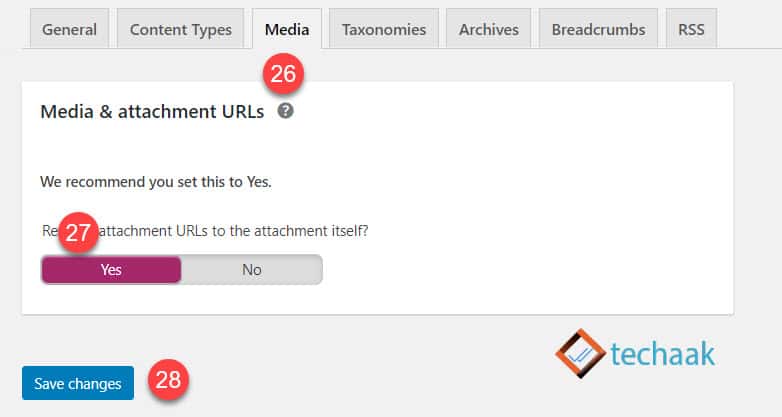 Yoast SEO Media Settings. URL to redirect