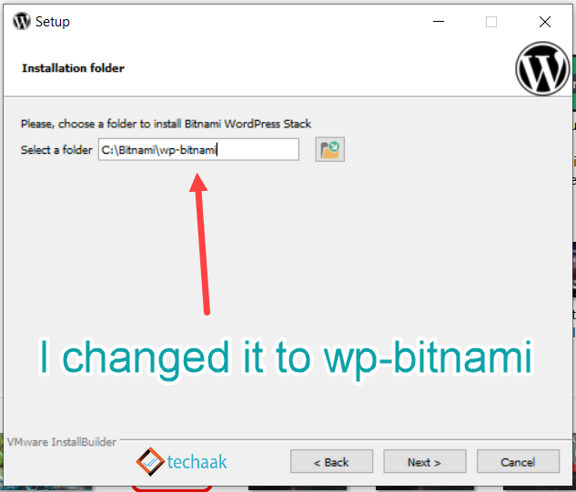 Select the folder where Bitnami WordPress will install