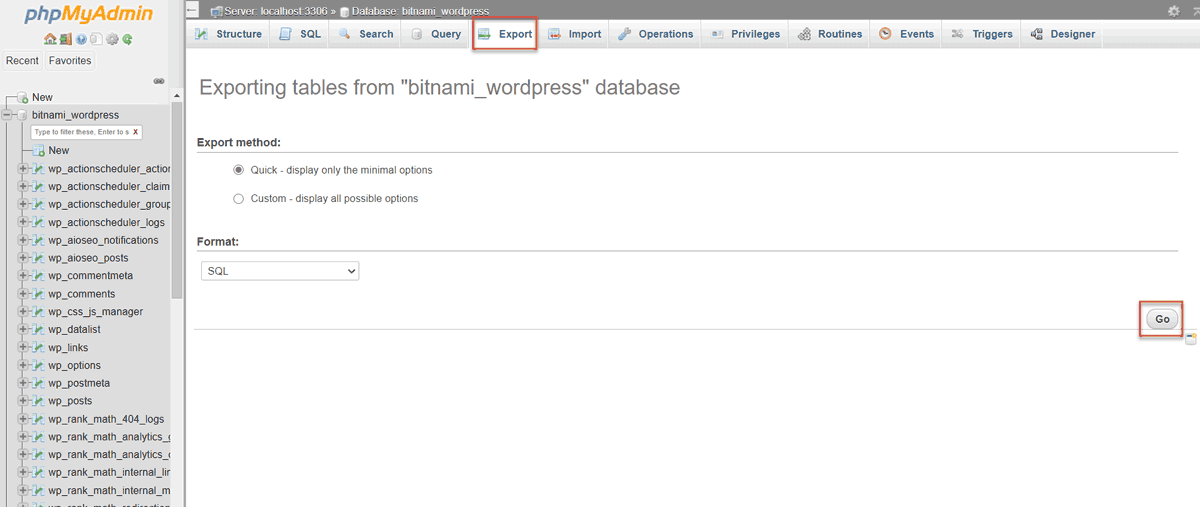 Export SQL database Move WordPress localhost Live