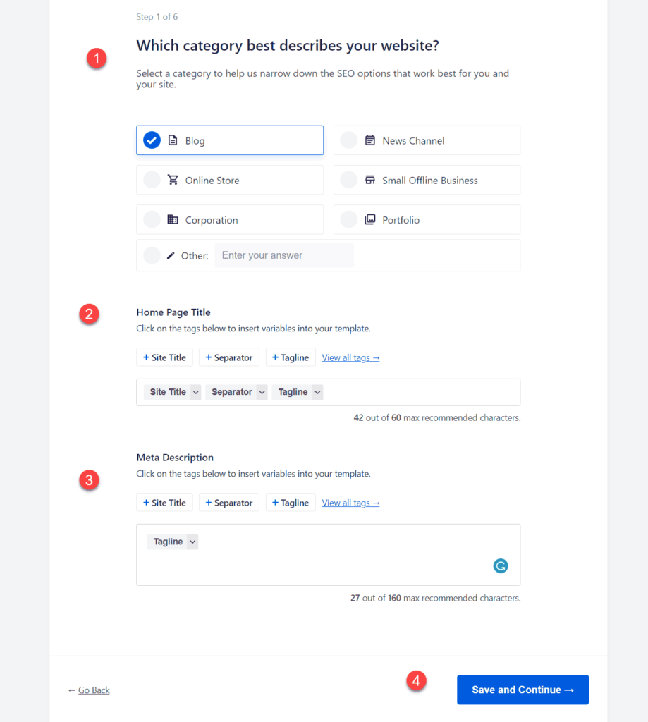 Home Page Setup All in One SEO Plugin.