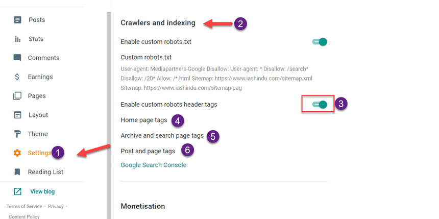 Enable custom robots header tags in Blogger