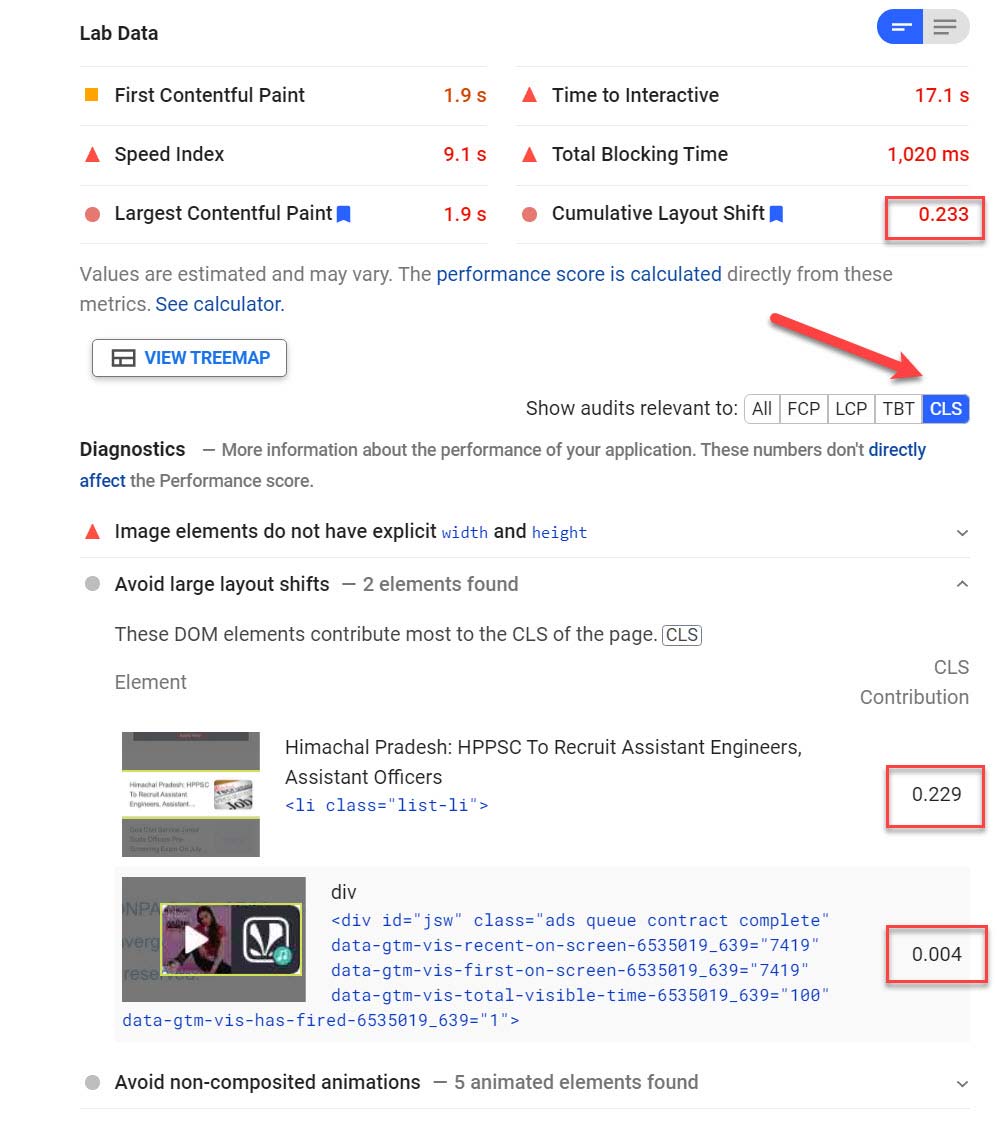 Google CLS inspect data