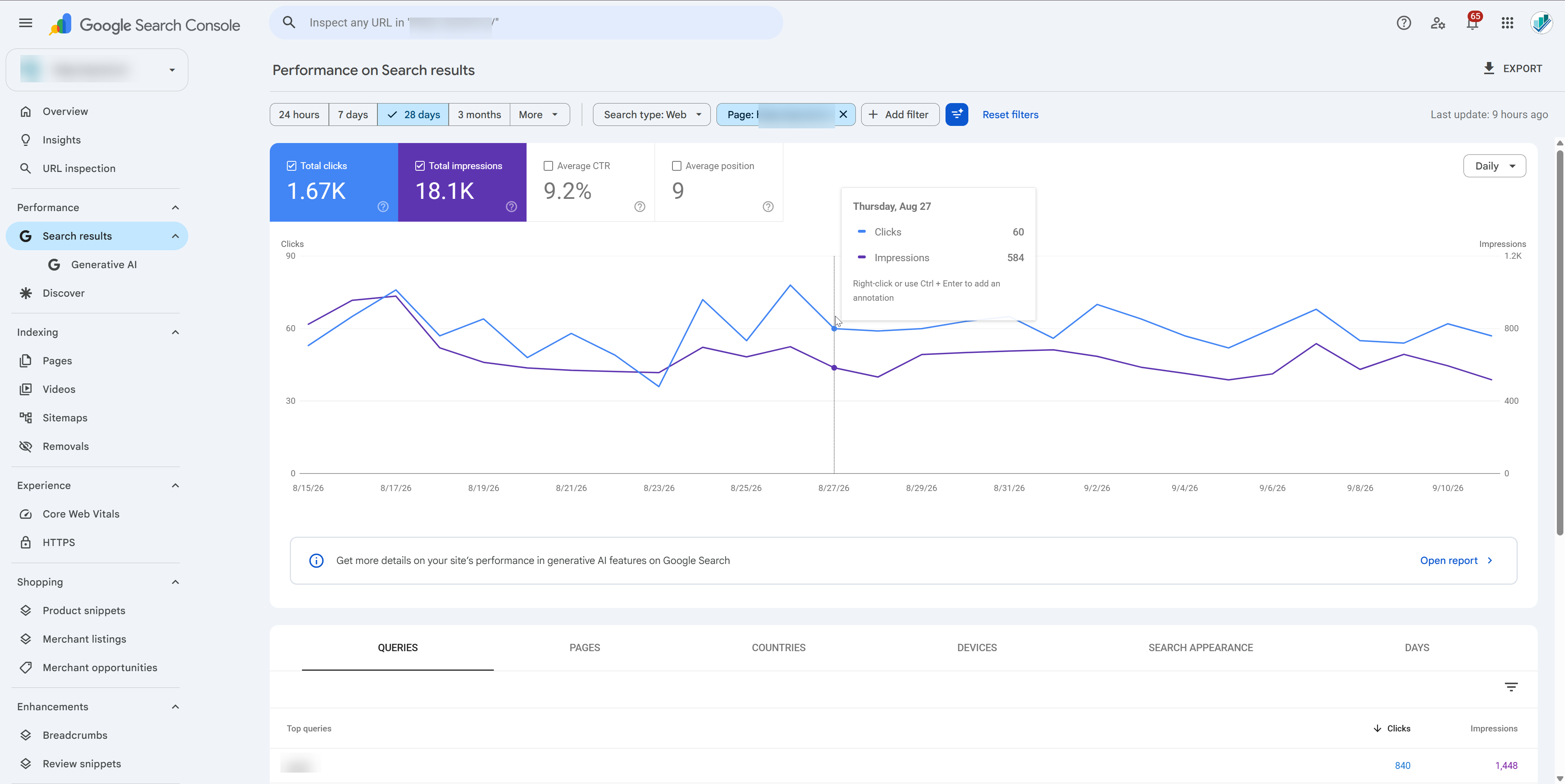 Search results report with Web search type and a Page filter, showing 1.67K clicks and 18.1K impressions.