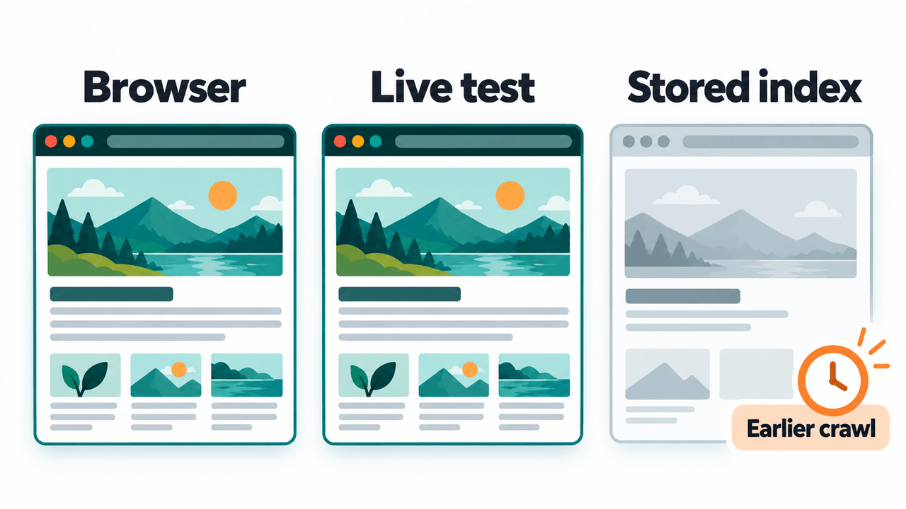 In an illustrative example after a fix, the browser and live test show the complete current page while the stored index reflects an earlier crawl.