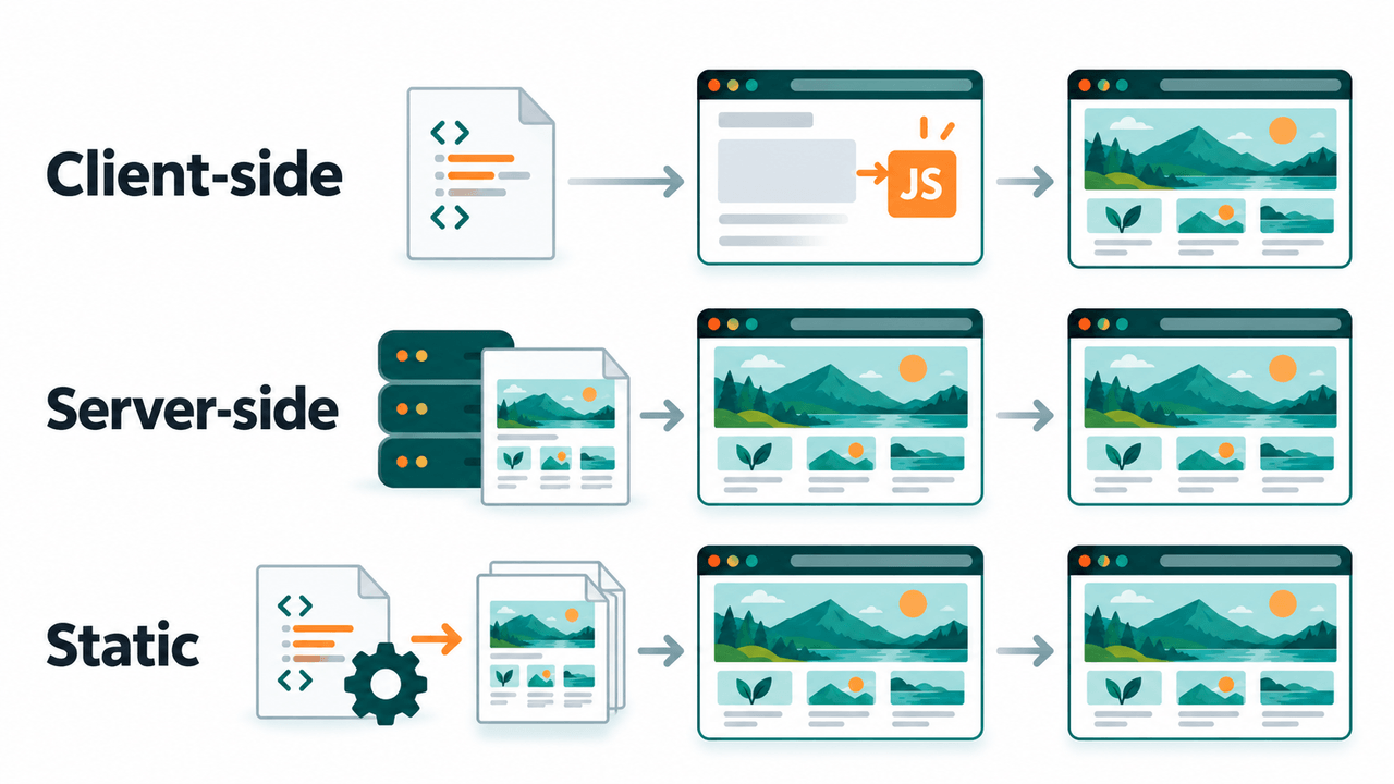 Three rows compare a browser building content with JavaScript, a server preparing populated HTML, and a build process generating HTML files in advance.