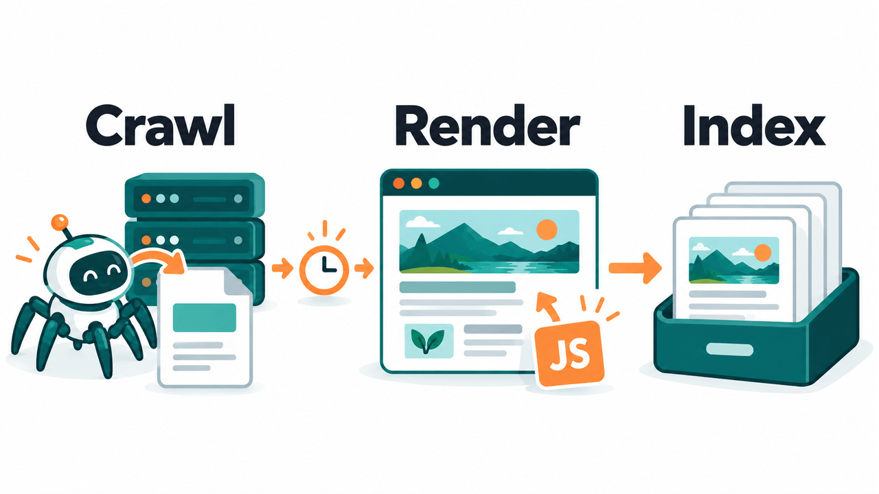 A crawler requests HTML, a waiting clock represents a processing queue, JavaScript helps render the page, and page information is considered for indexing.