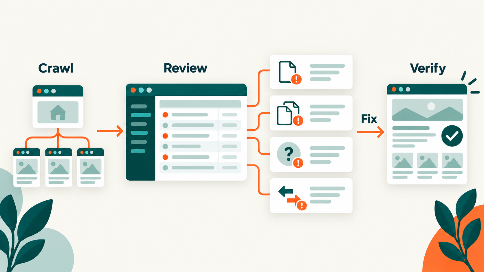 Title-tag audit workflow moving from a website crawl to issue review, fixes, and verification on the corrected page.