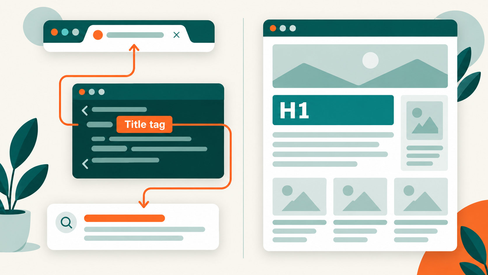 Title tag shown in a page's HTML head and connected to a browser tab and search result, beside an H1 displayed in the visible page content.