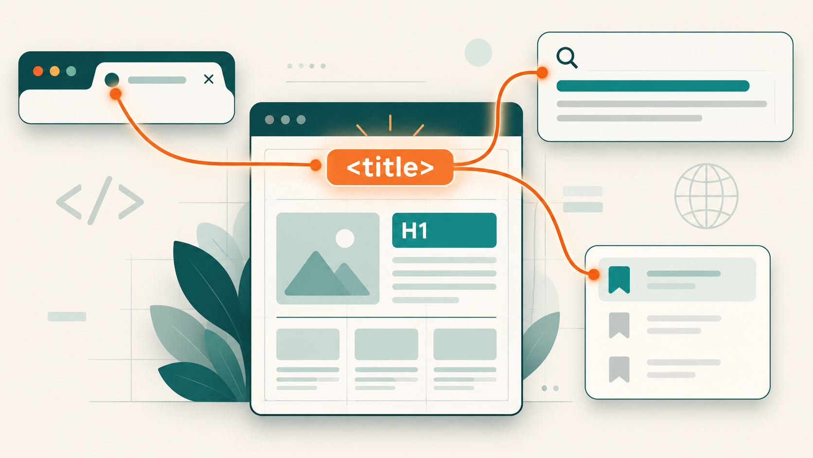 Diagram showing an HTML title element feeding a browser tab, search result, and bookmark list beside an H1 heading