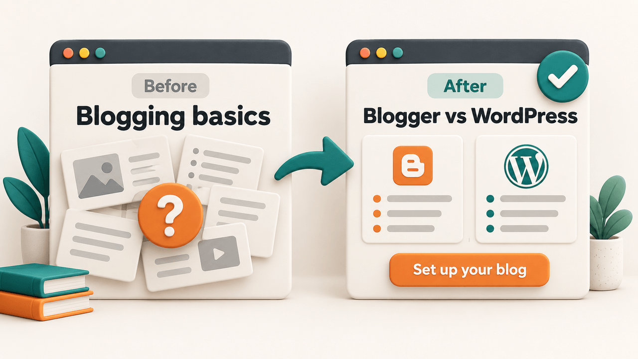 An unfocused Blogging basics page becomes a Blogger versus WordPress comparison with clear columns and a Set up your blog action.