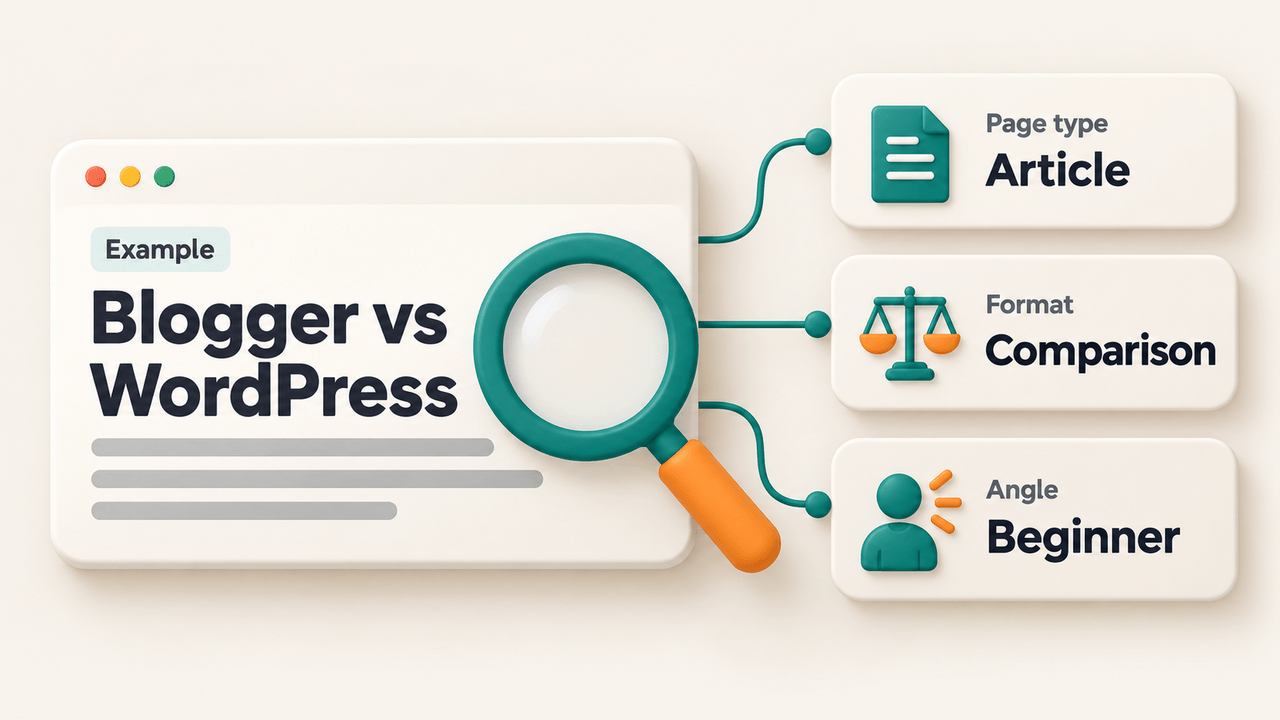 An illustrated Blogger versus WordPress search result connects to three clues: Page type, Article; Format, Comparison; and Angle, Beginner.