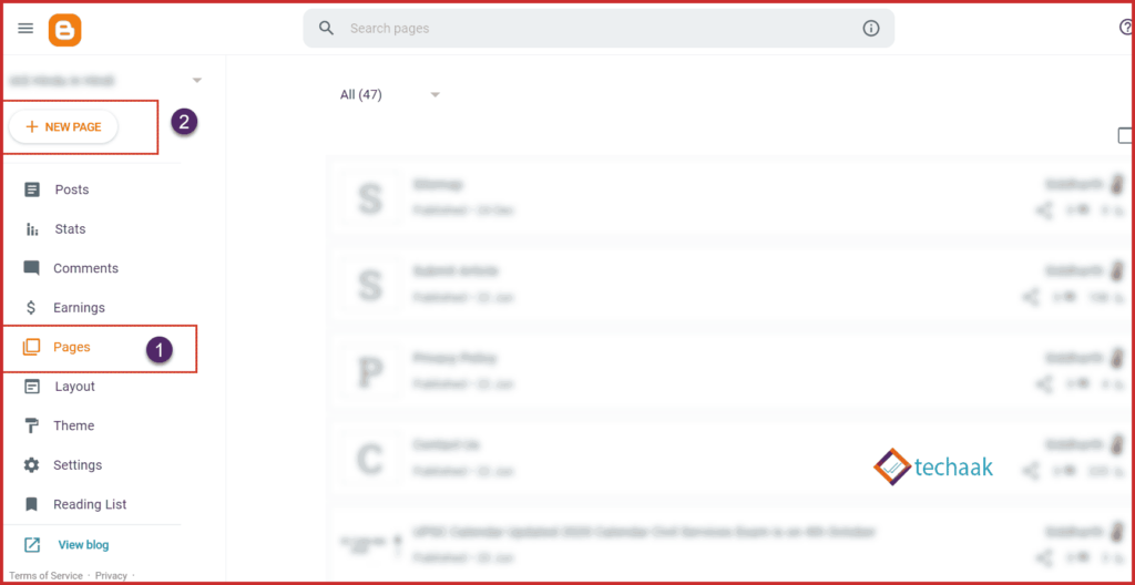 Create New Page Blogger