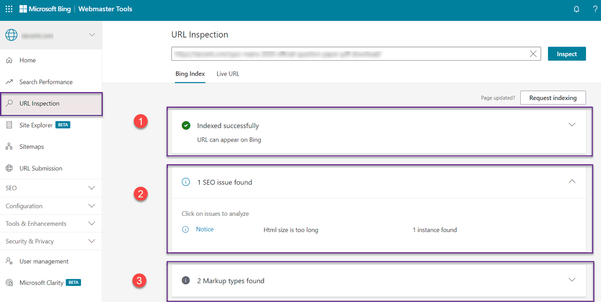 Bing Webmaster URL Inspection