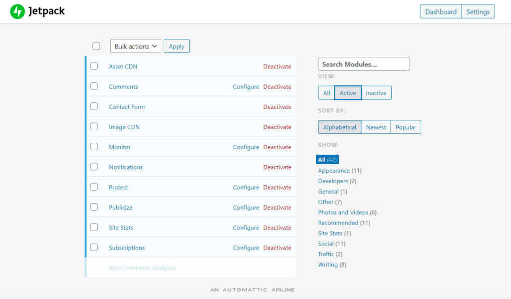 WordPress Jetpack Enable Disable Modules