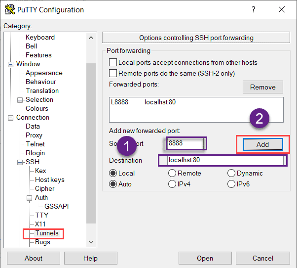 puTTY Tunnel Configuration