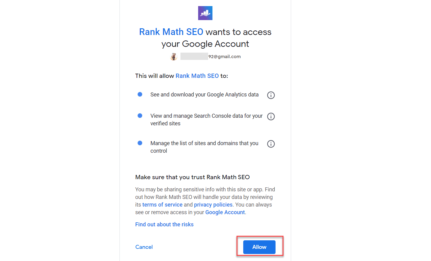 Provide Access of Google Account to Rank Math