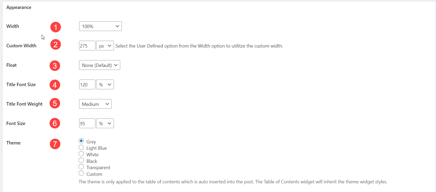 Appearance Setting for Table of Content
