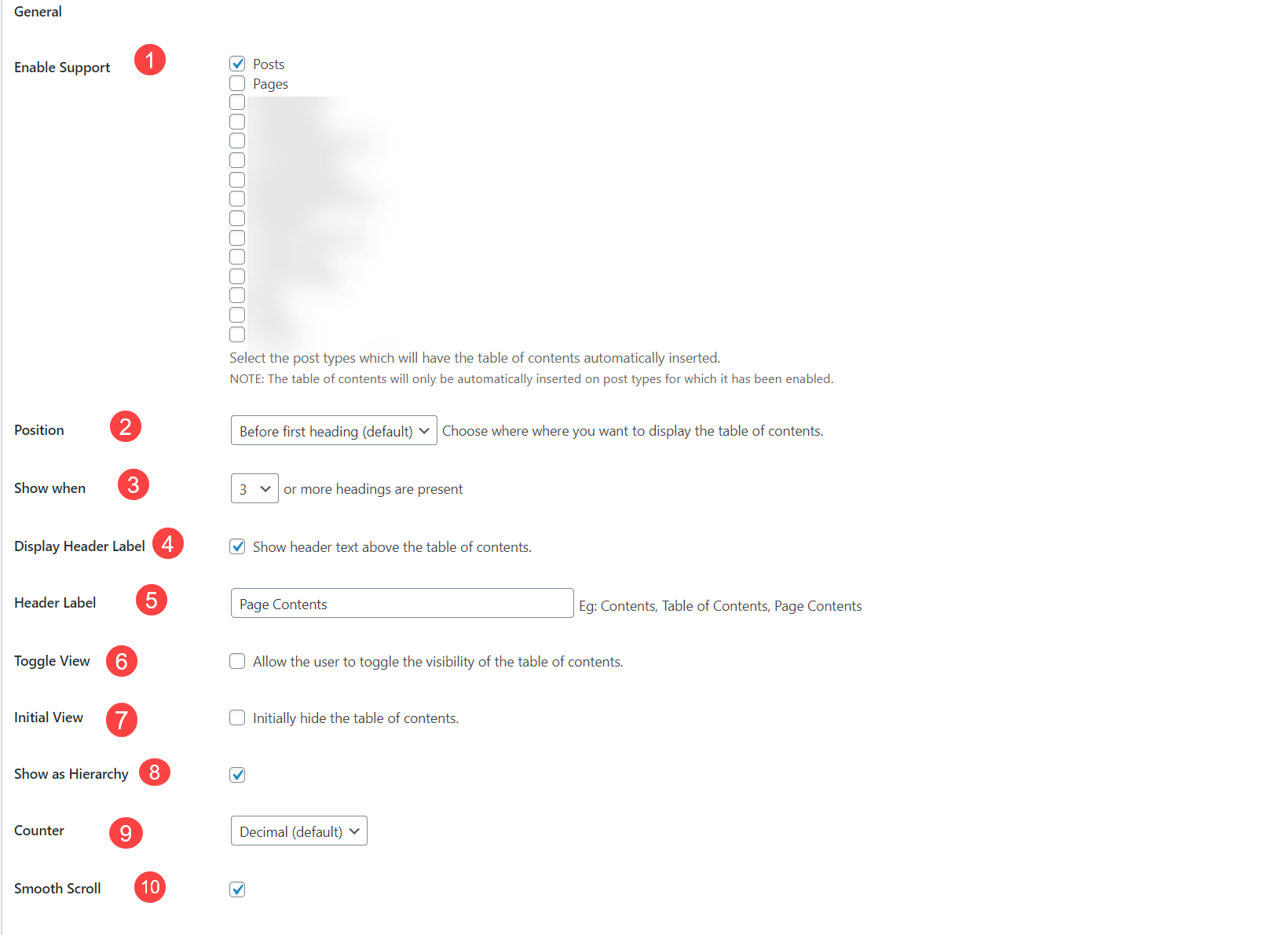 General Settings for Table of Content