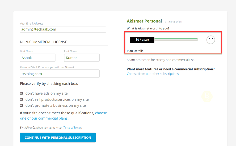 Akismet application form