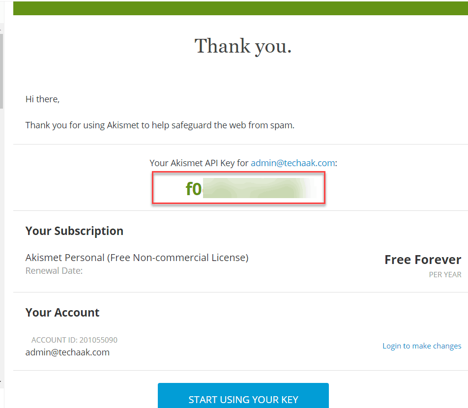 Setup Akismet Plugin API Key